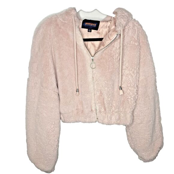 AMBIANCE Outerwear Faux Fur Jacket Hoodie Plush Cropped Zip Coat Womens L Pink - Picture 1 of 6